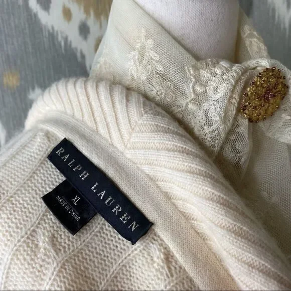 Ralph Lauren Ivory Cashmere Cable Shawl Collar Cardigan Vest - Picture 2 of 16